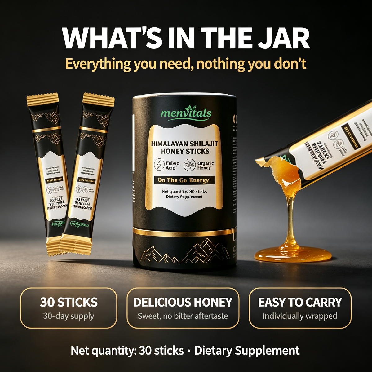 Menvitals Premium Shilajit Honey Sticks Energy, Stamina & Endurance |100% Natural | FDA&GMP&Halal